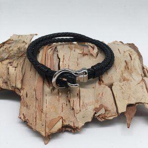Black Leather Woven Bracelet with Silver Loop Clasp